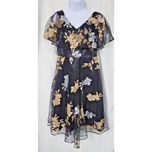 J. Taylor Black Dress Sleeveless Sheer Mesh Silver & Gold Accents Women's Size 8